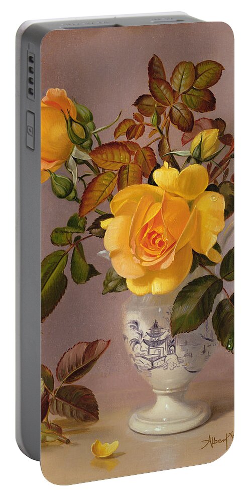 Rose Portable Battery Charger featuring the painting Orange Roses in a blue and white jug by Albert Williams