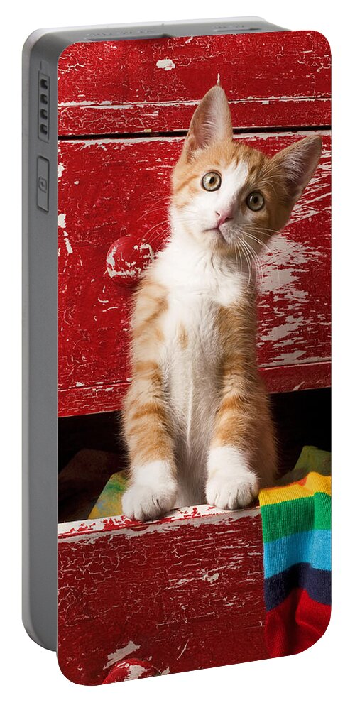 Kitten Portable Battery Charger featuring the photograph Orange tabby kitten in red drawer by Garry Gay