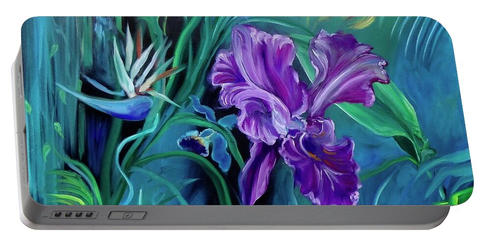 Color Swirls Portable Battery Charger featuring the painting Orchid Jungle by Jenny Lee