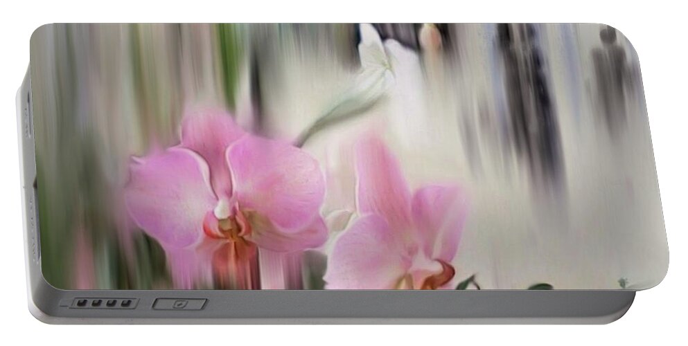 Orchids Portable Battery Charger featuring the digital art Orchids with dragonflies by Sand And Chi