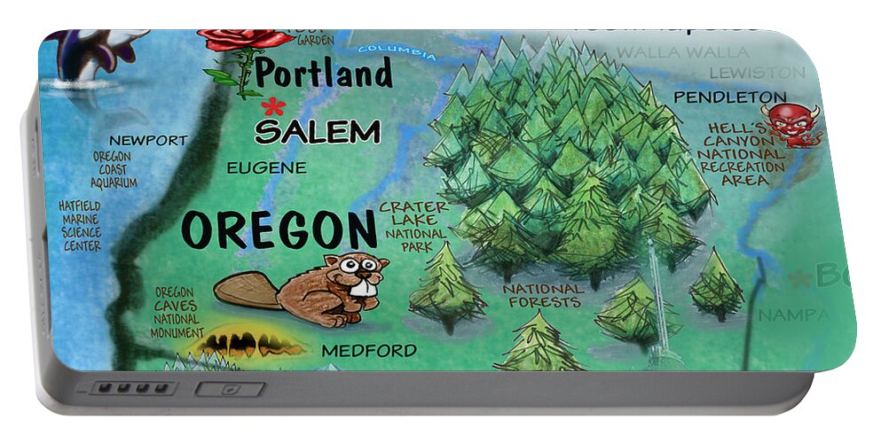 Oregon Portable Battery Charger featuring the digital art Oregon Fun Map by Kevin Middleton