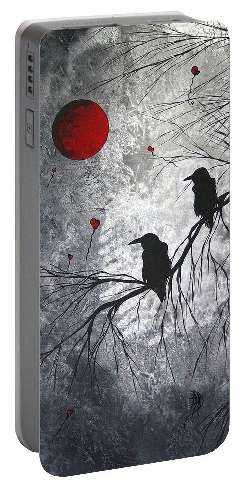 Birds Portable Battery Charger featuring the painting Original Abstract Surreal Raven Red Blood Moon Painting The Overseers by MADART by Megan Aroon