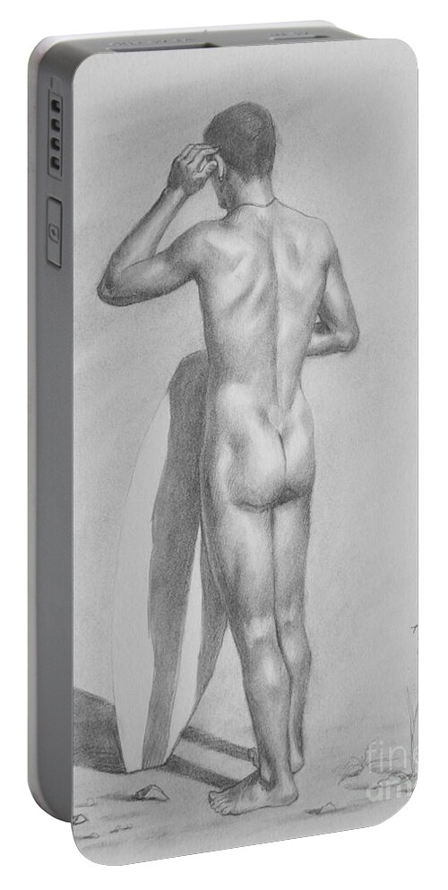Drawing Portable Battery Charger featuring the drawing Original Charcoal Drawing Art Male Nude Seaside On Paper #16-3-11-34 by Hongtao Huang