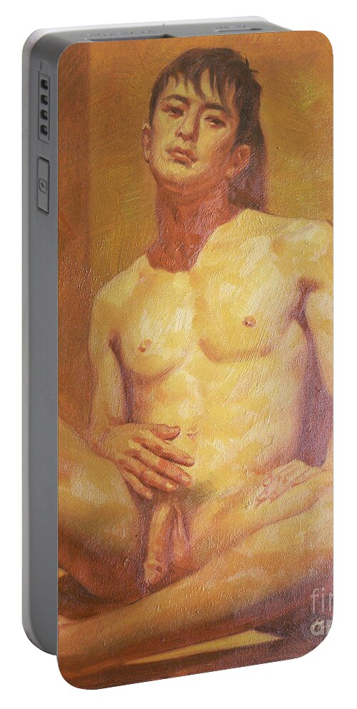 Original Art Portable Battery Charger featuring the painting Original Oil Painting Art Male Nude Asian Boy On Linen #16-2-21 by Hongtao Huang