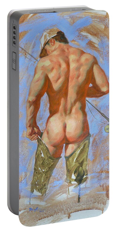 Original Art Portable Battery Charger featuring the painting Original Oil Painting Art Male Nude Fisherman On Linen #16-2-20 by Hongtao Huang