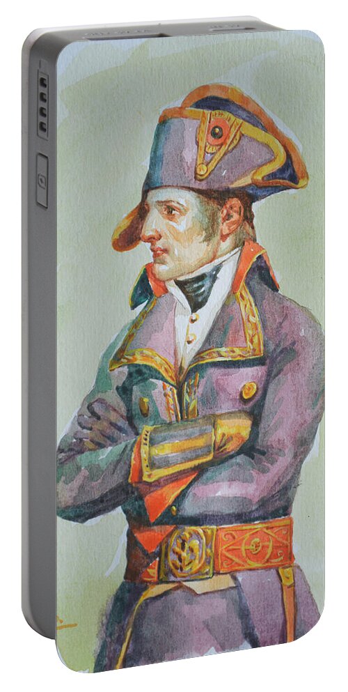 Original Art Portable Battery Charger featuring the painting original watercolor painting artwork portrait of NapoLeon on paper#10-029-01 by Hongtao Huang