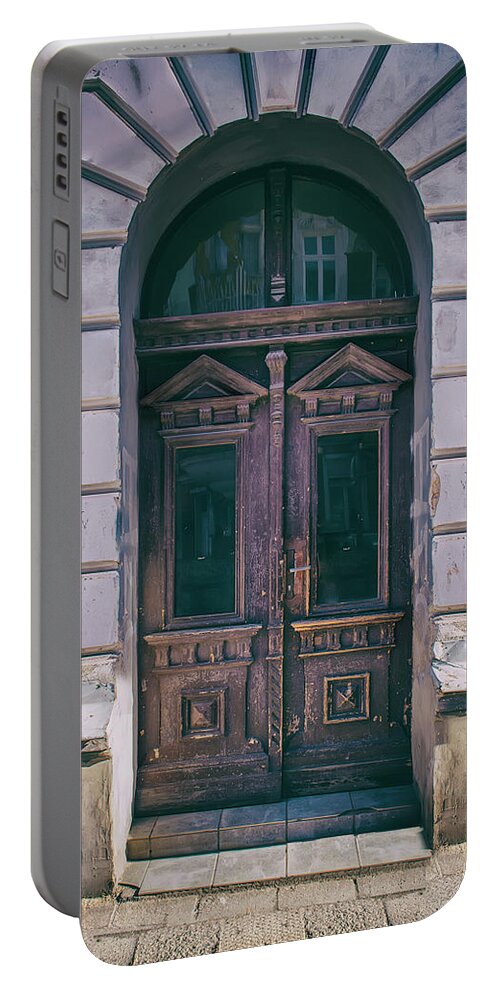 Gate Portable Battery Charger featuring the photograph Ornamented wooden gate in violet tones by Jaroslaw Blaminsky