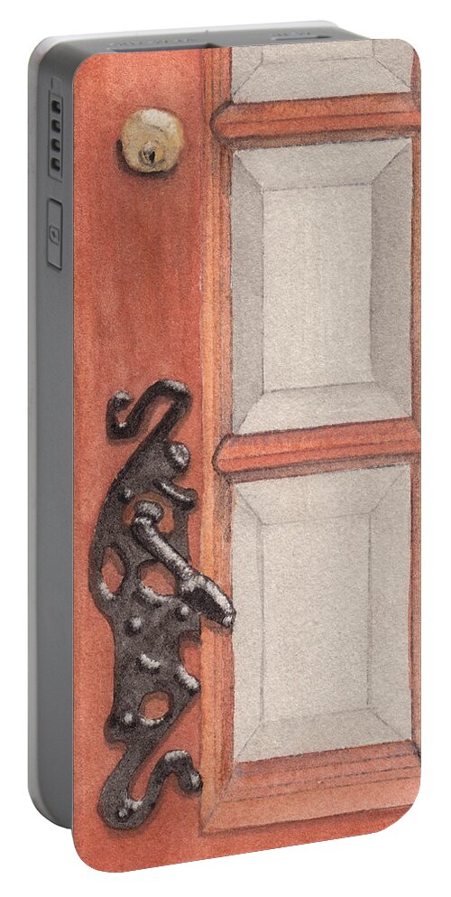 Handle Portable Battery Charger featuring the painting Ornate Door Handle by Ken Powers