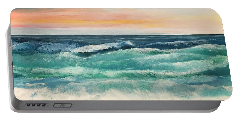 Ocean Portable Battery Charger featuring the painting Our Day At The Beach by Linda Bailey