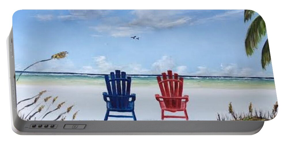 Adirondack Chair Portable Battery Charger featuring the painting Our Spot On Siesta Key by Lloyd Dobson