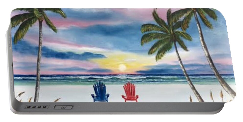 Adirondack Chairs Portable Battery Charger featuring the painting Our Spot At Sunset by Lloyd Dobson