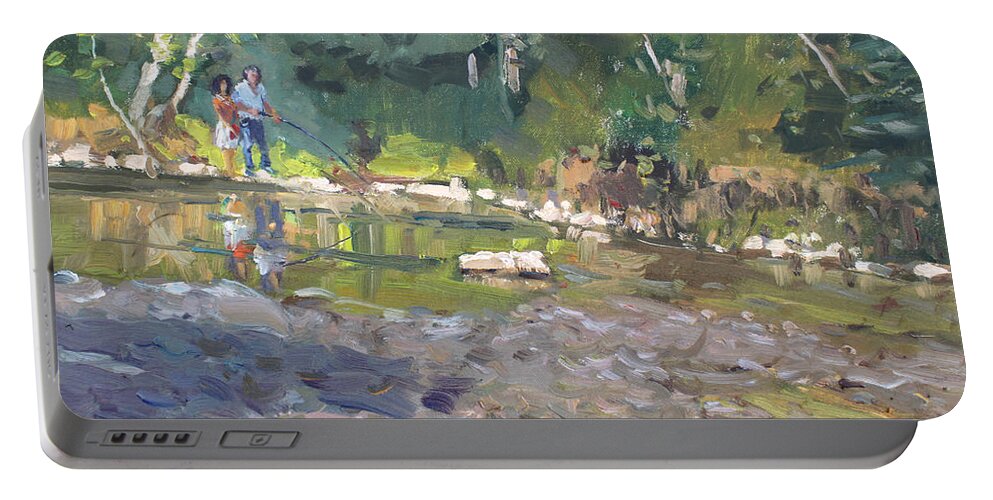Fishing Portable Battery Charger featuring the painting Out Fishing with Viola by Ylli Haruni