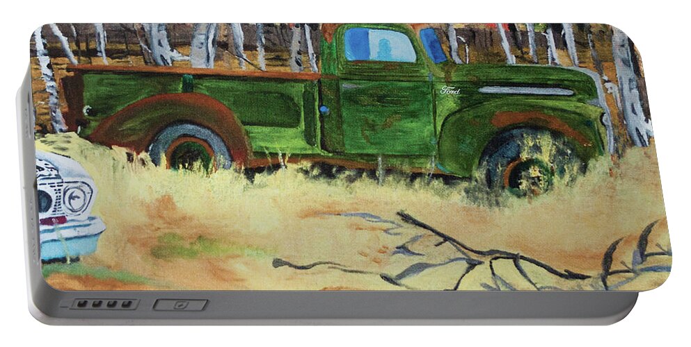  Portable Battery Charger featuring the painting Out to Pasture by Judy Huck