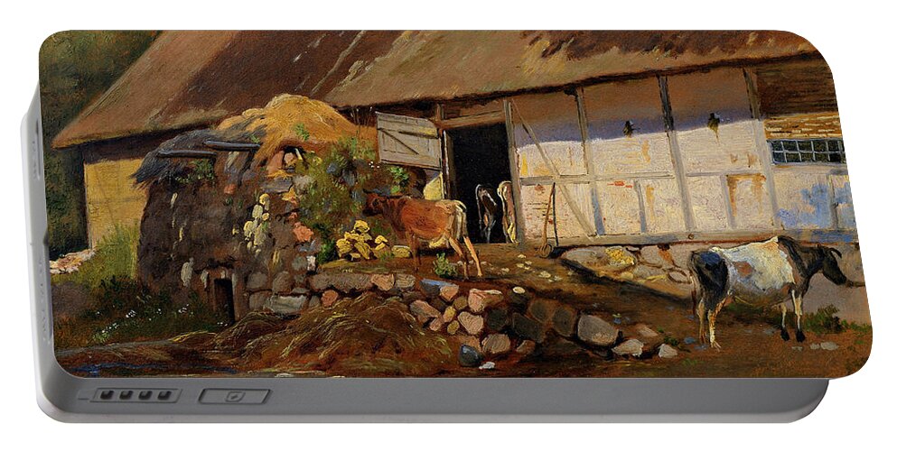 19th Century Art Portable Battery Charger featuring the painting Outside the Cowshed by Johan Thomas Lundbye