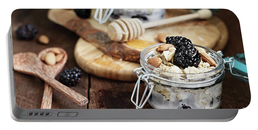 Overnight Oatmeal Portable Battery Charger featuring the photograph Overnight Oatmeal with Blackberries Almonds and Honey by Stephanie Frey