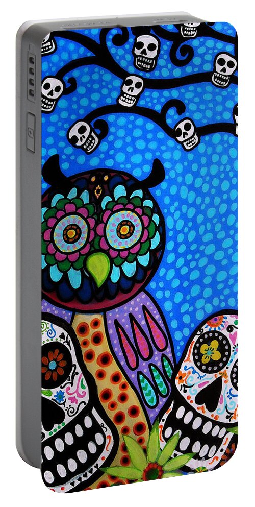 Flower Portable Battery Charger featuring the painting Owl And Sugar Day Of The Dead by Pristine Cartera Turkus