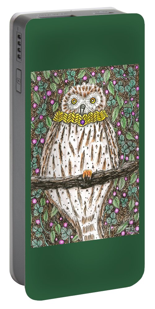 Lise Winne Portable Battery Charger featuring the drawing Owl Martin in a Cowl by Lise Winne