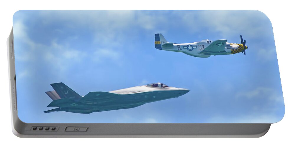 Air Force Portable Battery Charger featuring the photograph P-51 Mustang and F-35 Joint Strike Fighter by Mark Andrew Thomas