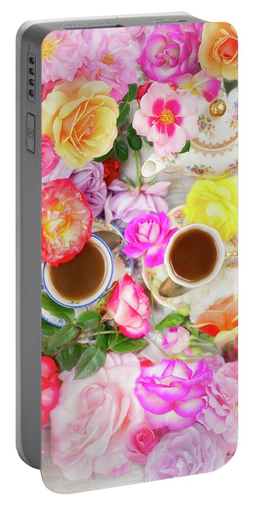 Painterly Portable Battery Charger featuring the photograph Painterly Tea Party with Fresh Garden Roses II by Susan Gary