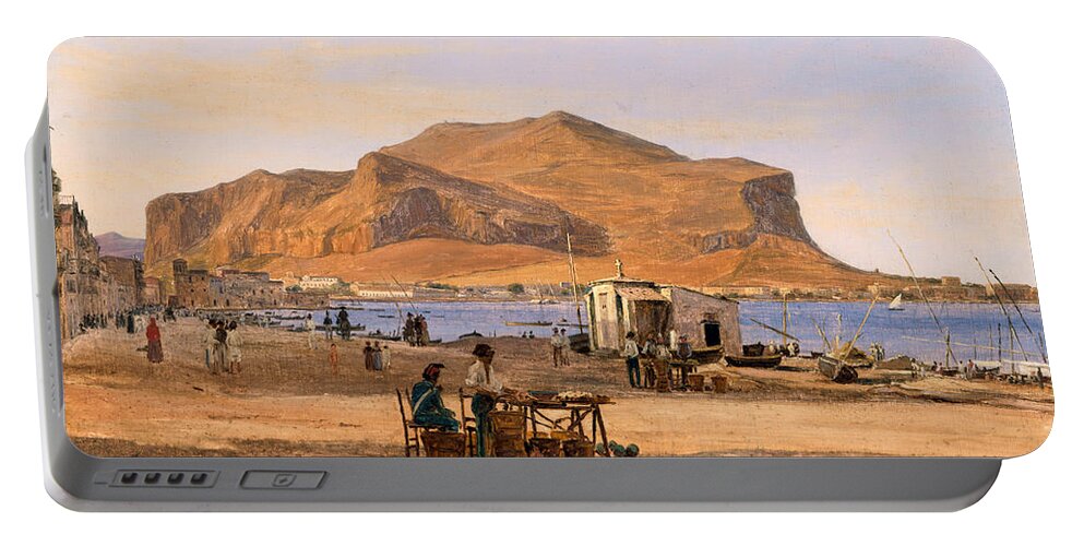 Martinus Rorbye Portable Battery Charger featuring the painting Palermo Harbor with a View of Monte Pellegrino by Martinus Rorbye