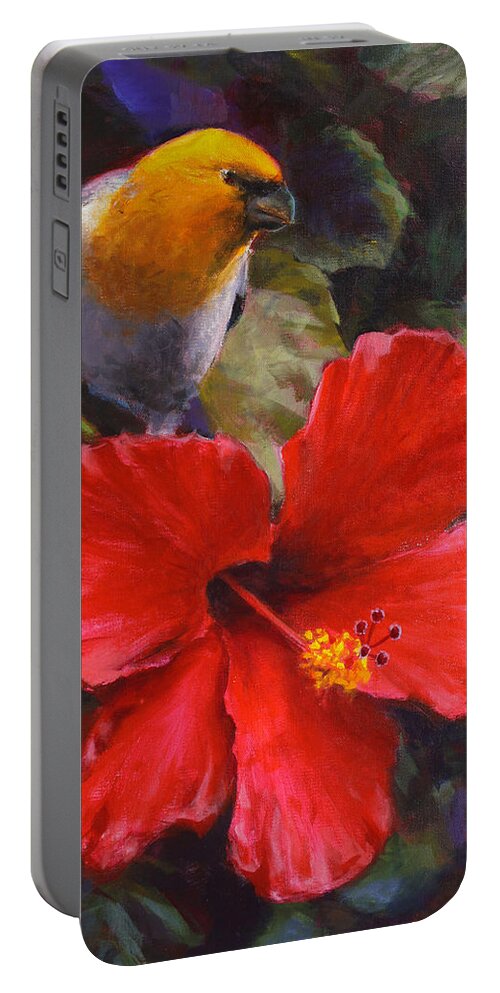 Endangered Birds Portable Battery Charger featuring the painting Palila and Hibiscus - Hawaiian Painting by K Whitworth