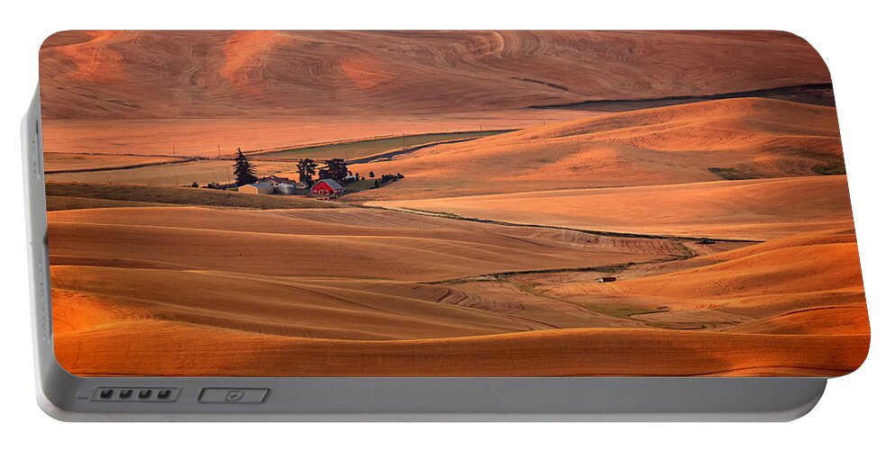 Harvest Portable Battery Charger featuring the photograph Palouse Farm Sunset by Mary Jo Allen