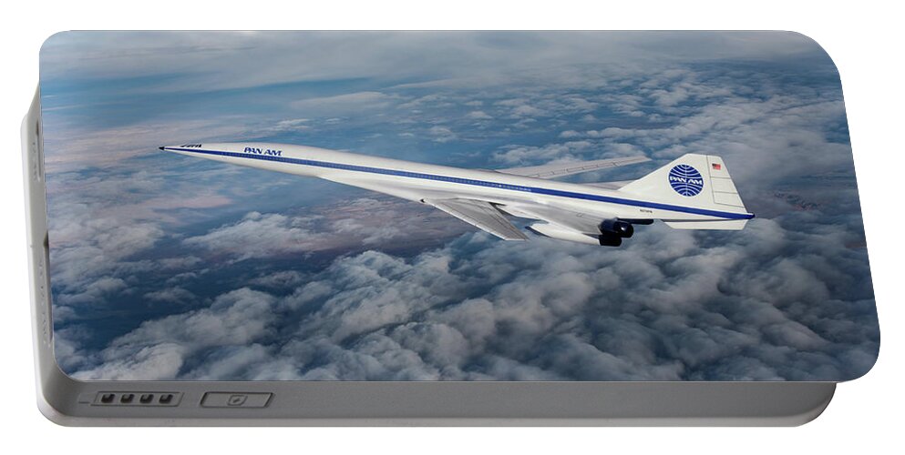 Pan American World Airways Portable Battery Charger featuring the digital art Pan American Supersonic Transport by Erik Simonsen