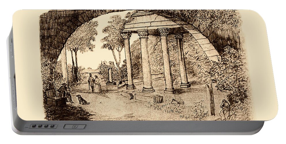 Pan Portable Battery Charger featuring the drawing Pan Looking Upon Ruins by Donna L Munro