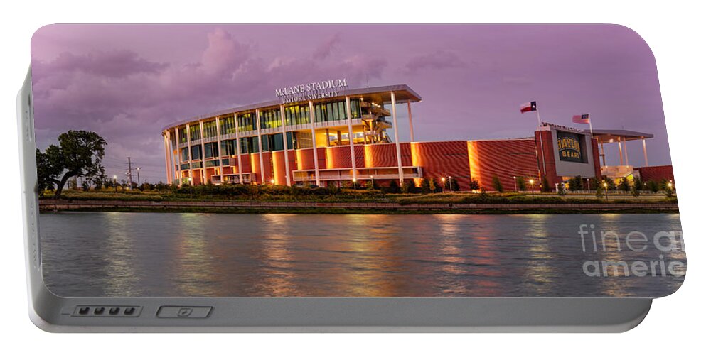 Drayton Portable Battery Charger featuring the photograph Panorama of McLane Stadium at Twilight - Brazos River Baylor University Waco Texas by Silvio Ligutti