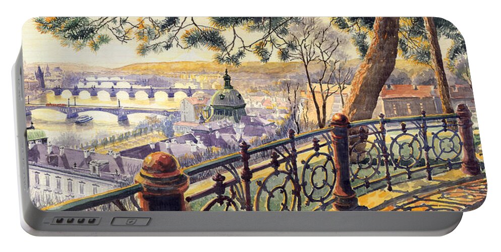 Watercolour Portable Battery Charger featuring the painting Panorama Prague Bridges by Yuriy Shevchuk