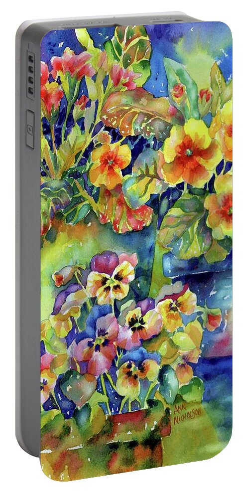 Watercolor Portable Battery Charger featuring the painting Pansies and Primroses by Ann Nicholson
