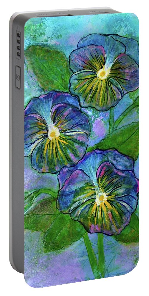 Spring Portable Battery Charger featuring the painting Pansy on Water by Janet Immordino