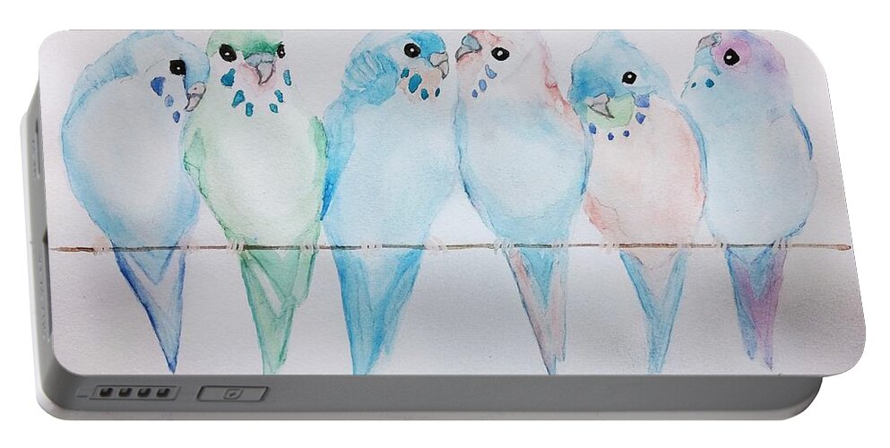 Parakeet Portable Battery Charger featuring the painting Parakeets by Edwin Alverio