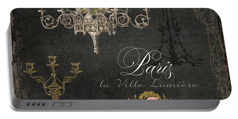 Chalk Portable Battery Charger featuring the painting Paris - City of Light Chandelier Candelabra Chalk Roses by Audrey Jeanne Roberts