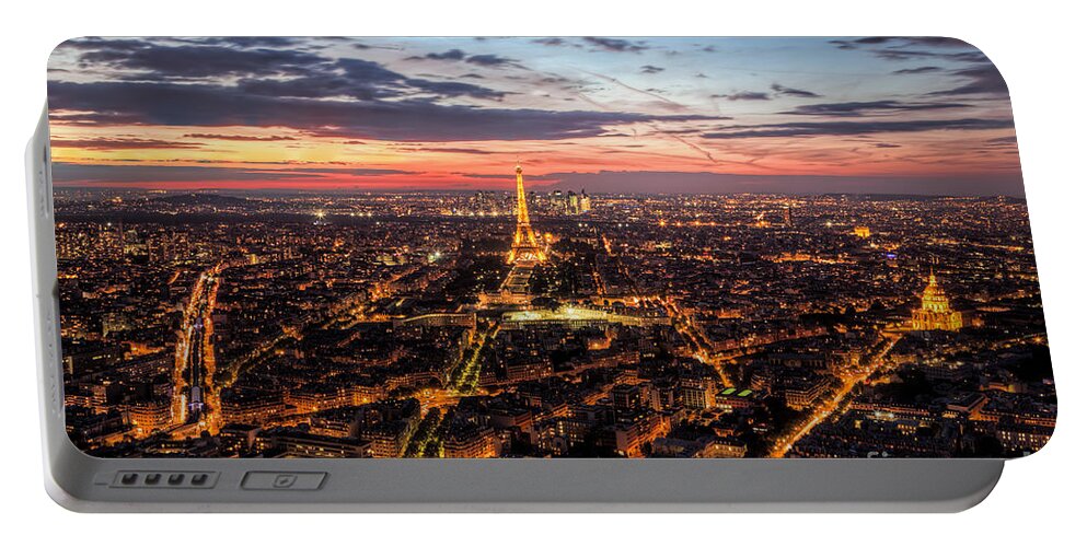 Paris Portable Battery Charger featuring the photograph Paris, France skyline, panorama at sunset, young night. Eiffel Tower by Michal Bednarek