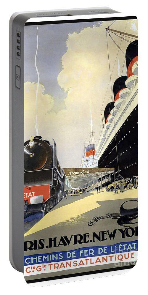 Steam Train Portable Battery Charger featuring the painting Paris Havre Newyork vintage travel poster by Vintage Collectables