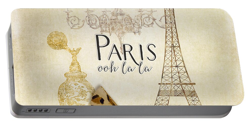 Fashion Portable Battery Charger featuring the painting Paris - Ooh la la Fashion Eiffel Tower Chandelier Perfume Bottle by Audrey Jeanne Roberts