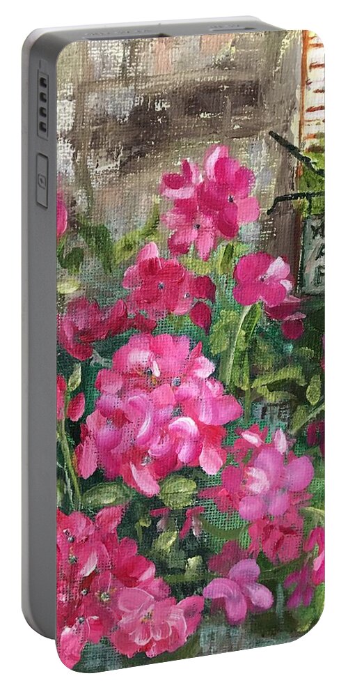 Geraniums Portable Battery Charger featuring the painting Paris, Wisconsin by Sharon Schultz