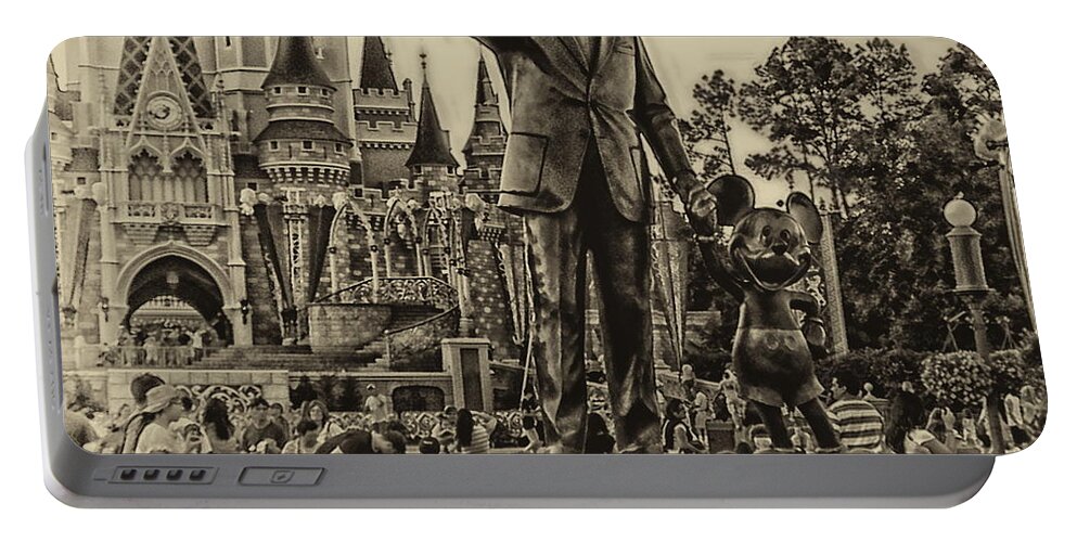 Antique Portable Battery Charger featuring the photograph Partners Statue Walt Disney And Mickey in Black and White MP by Thomas Woolworth