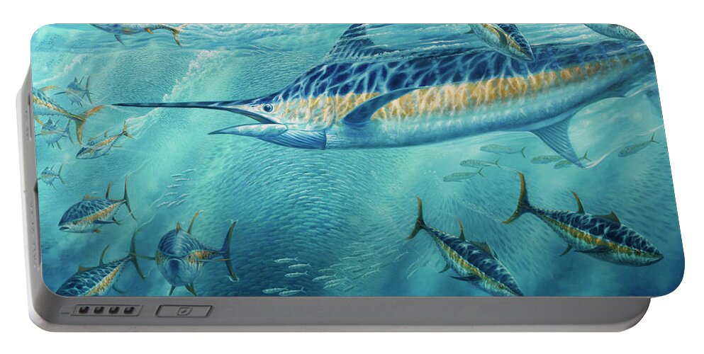 Blue Marlin Paintings Portable Battery Charger featuring the painting Party Crasher by Guy Crittenden