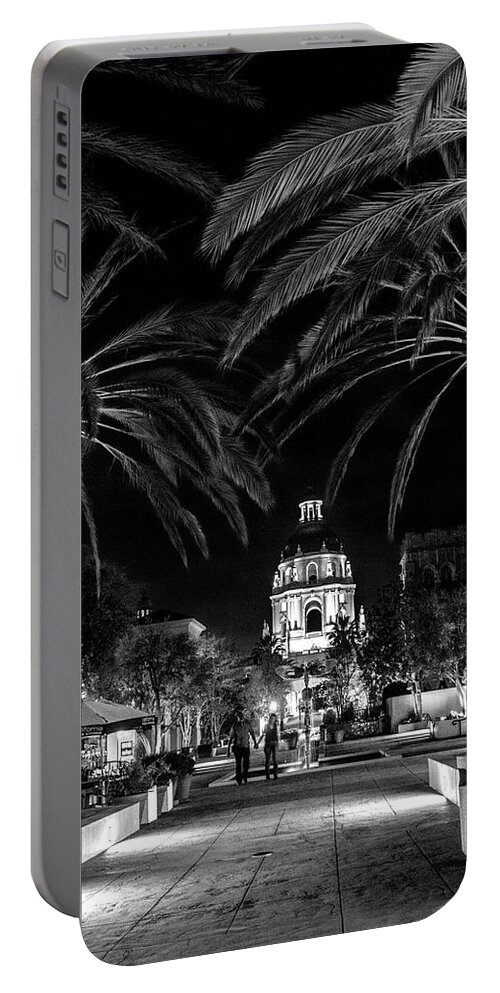 Pasadena Portable Battery Charger featuring the photograph Pasadena City Hall after Dark in Black and White by Randall Nyhof