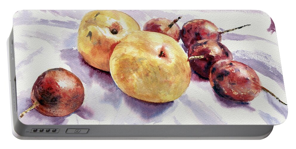 Korean Pear Portable Battery Charger featuring the painting Passion Fruits and Pears by Joey Agbayani