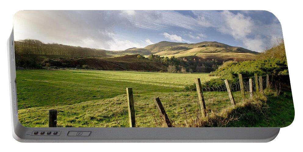 Scottish Portable Battery Charger featuring the photograph Pasture among hills. by Elena Perelman