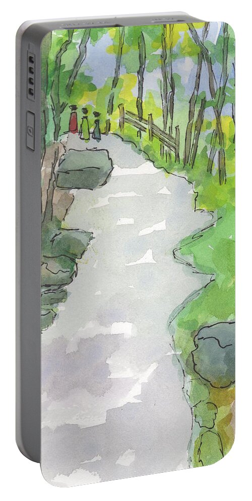 Watercolor Portable Battery Charger featuring the painting Path to the Falls by Marcy Brennan