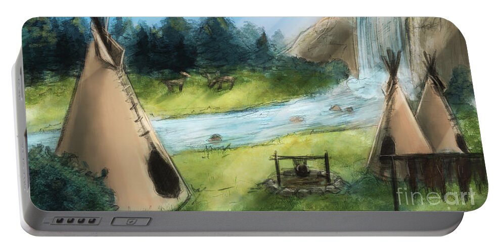 Camp Portable Battery Charger featuring the painting Pathways - Campsite by Brandy Woods