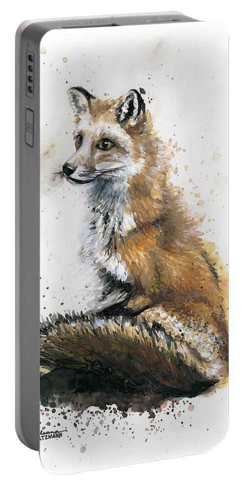 Fox Portable Battery Charger featuring the painting Patiently Waiting by Arleana Holtzmann