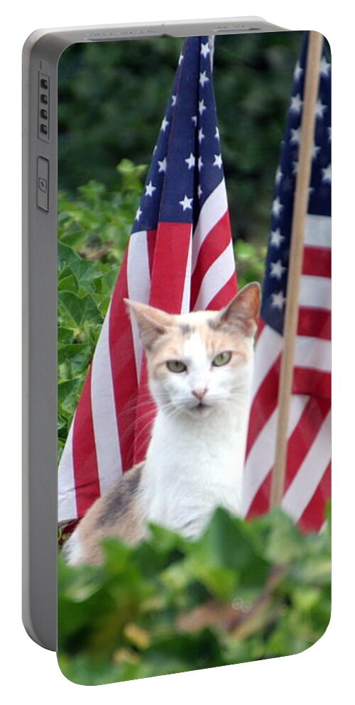 White Cat With Sandy-colored Spots Portable Battery Charger featuring the photograph Patriotic Cat by Valerie Collins