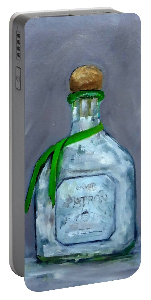 Man Cave Portable Battery Charger featuring the painting Patron Silver Tequila Bottle Man Cave by Katy Hawk