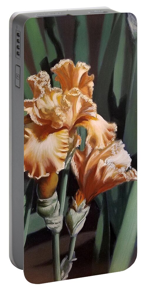 Oil Portable Battery Charger featuring the painting Peach Iris by Linda Merchant