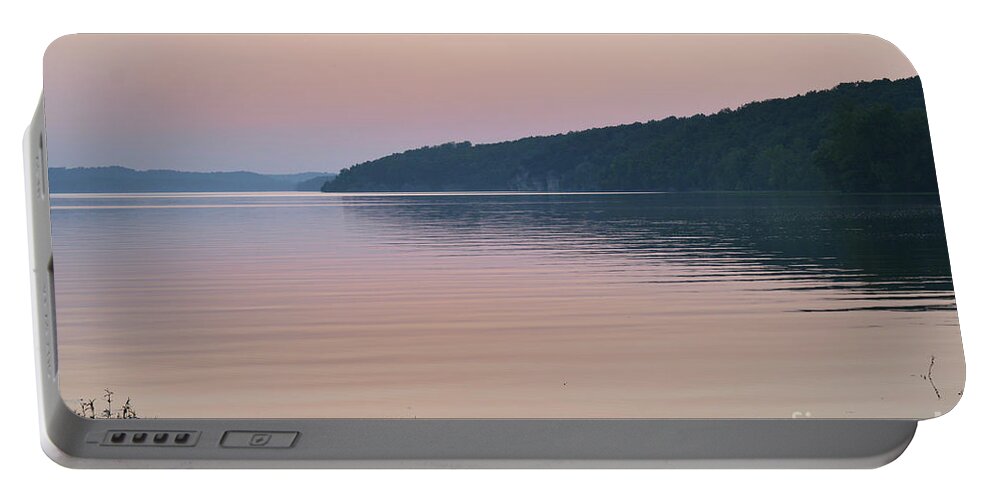 Lake Portable Battery Charger featuring the photograph Peach Colored Sky by Diane Friend